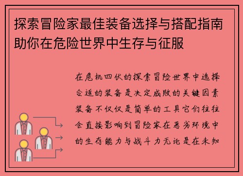 探索冒险家最佳装备选择与搭配指南助你在危险世界中生存与征服